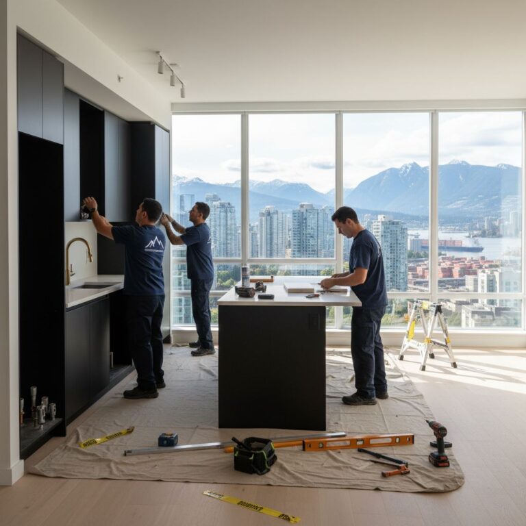 Team of contractors renovating a modern Vancouver condo kitchen with city views