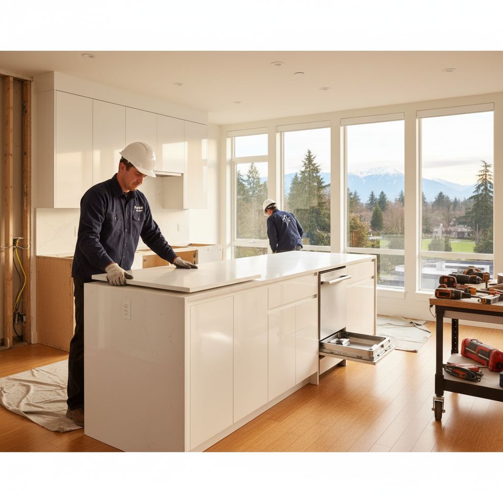 Professional photograph showing a kitchen renovation in a Vancouver home with contractors installing modern cabinetry and countertops in a bright space.