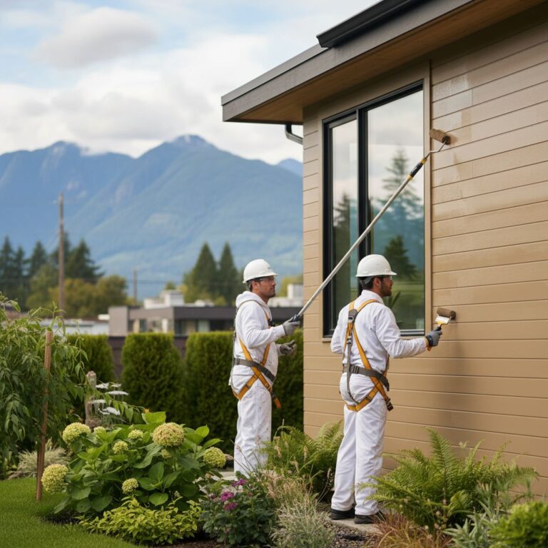 Team of professional house painters applying exterior paint to a modern Vancouver home, showcasing reliable local renovation services.