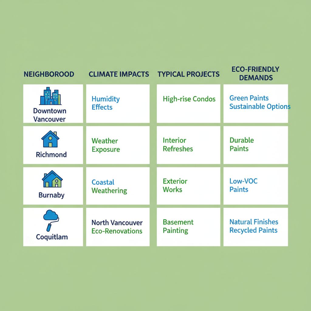 Infographic comparing painting needs and challenges in Vancouver neighborhoods like Downtown, Richmond, Surrey, Burnaby, North Vancouver, and Coquitlam.