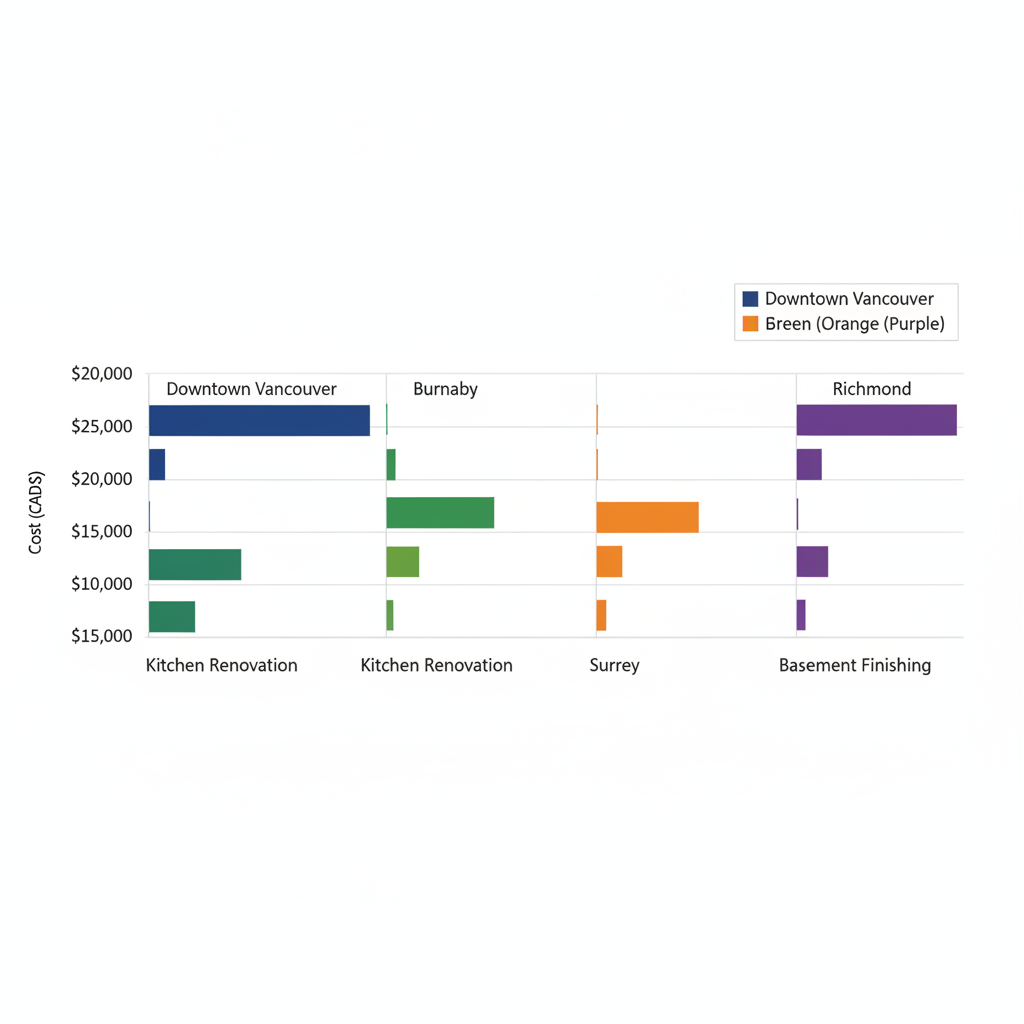 Horizontal bar chart comparing home renovation costs in Vancouver areas including Downtown, Burnaby, Surrey, and Richmond for kitchen and basement projects.