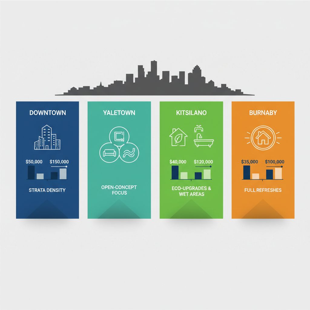Infographic comparing Vancouver neighborhoods for condo renovations with cost ranges, project icons, and bar charts for Downtown, Yaletown, Kitsilano, and Burnaby.
