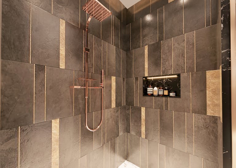 Luxurious modern shower with dark textured tiles and copper fixtures for a sophisticated bathroom design.