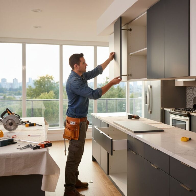 Professional carpenter refacing kitchen cabinets in a modern Vancouver home, showing transformation process with natural light and urban view.