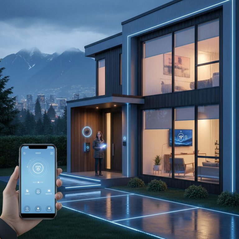 Sleek modern Vancouver home at twilight with integrated smart technology, featuring automated lighting, security camera, and smartphone control in rainy weather.