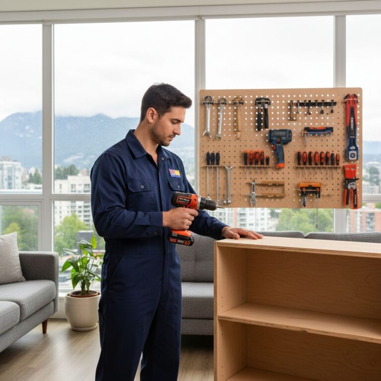 Professional handyman in uniform inspecting bookshelf in modern Vancouver living room with organized tools and city view