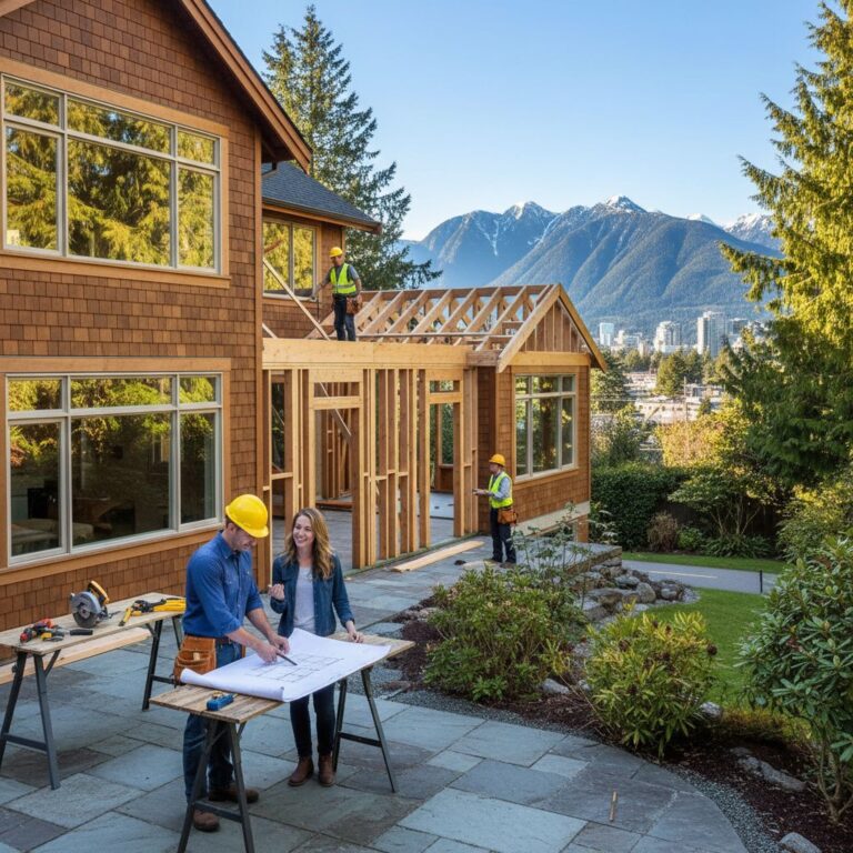 Professional image of a Vancouver home renovation adding a family room, with contractors and homeowners planning on a patio overlooking mountains.