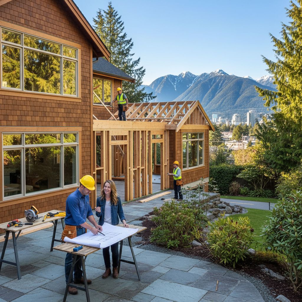 Professional image of a Vancouver home renovation adding a family room, with contractors and homeowners planning on a patio overlooking mountains.
