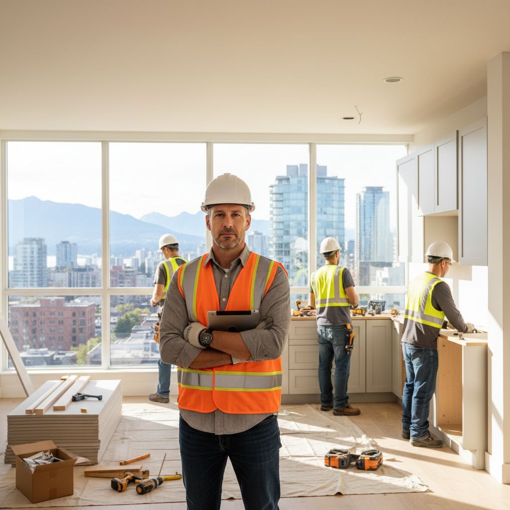 Professional general contractor overseeing home renovation in Vancouver kitchen with city views