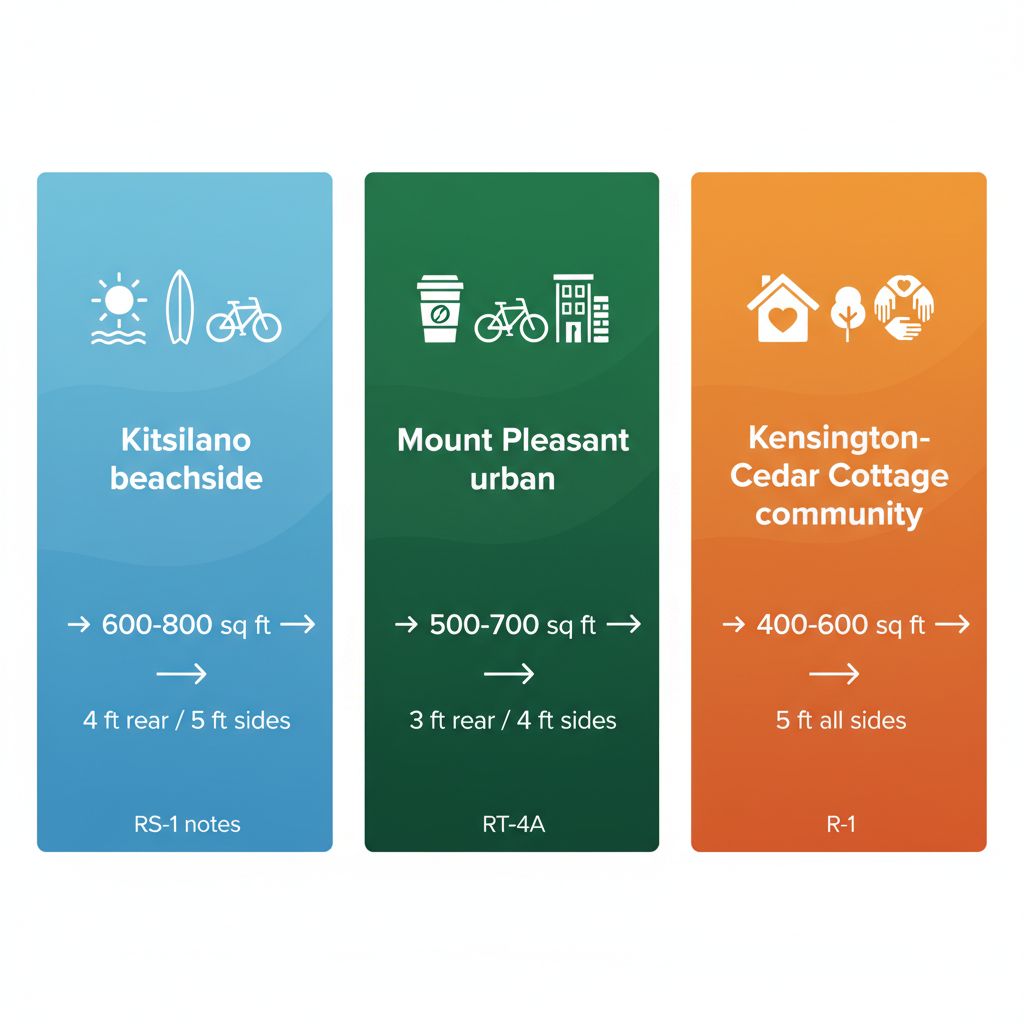 Infographic comparing laneway home zoning in Vancouver neighborhoods: Kitsilano, Mount Pleasant, and Kensington-Cedar Cottage with sizes, setbacks, and zoning details.