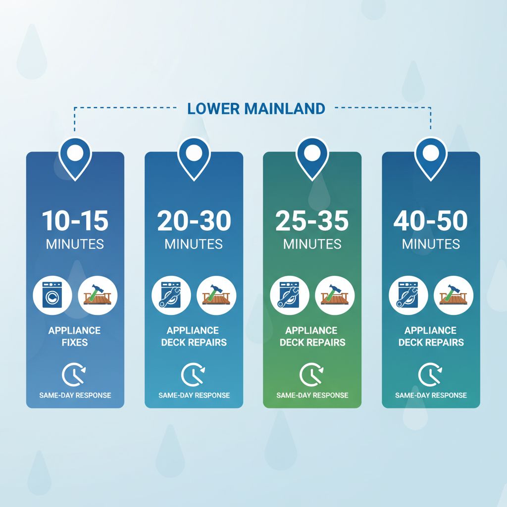 Infographic showing handyman services coverage in Vancouver neighborhoods including distances and common repair needs