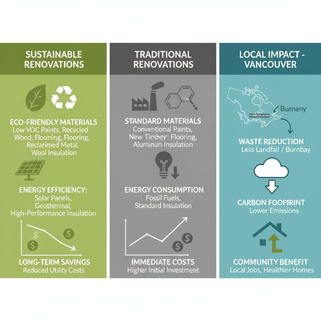 Clean infographic comparing sustainable and traditional renovations for Vancouver's green home improvements