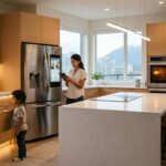 Modern Vancouver kitchen renovation showcasing smart technology integrations with family using devices seamlessly