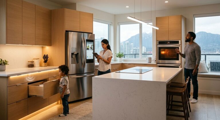 Modern Vancouver kitchen renovation showcasing smart technology integrations with family using devices seamlessly