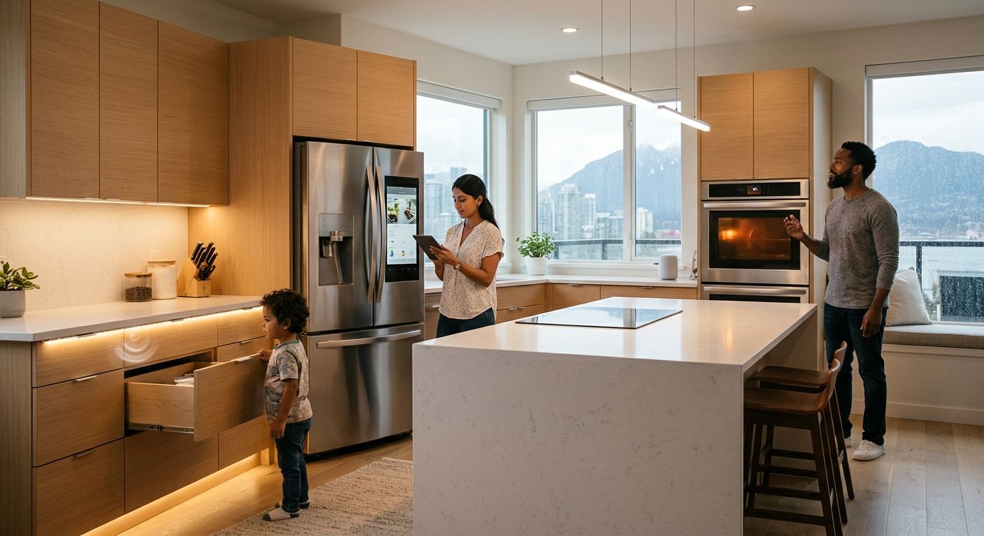 Modern Vancouver kitchen renovation showcasing smart technology integrations with family using devices seamlessly