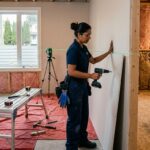 Certified renovation professional installing drywall in bright Burnaby basement, tools organized, natural light, quality craftsmanship visible.