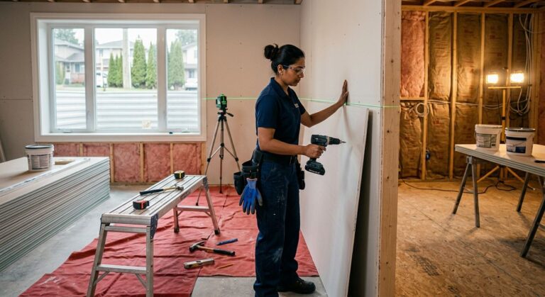 Certified renovation professional installing drywall in bright Burnaby basement, tools organized, natural light, quality craftsmanship visible.