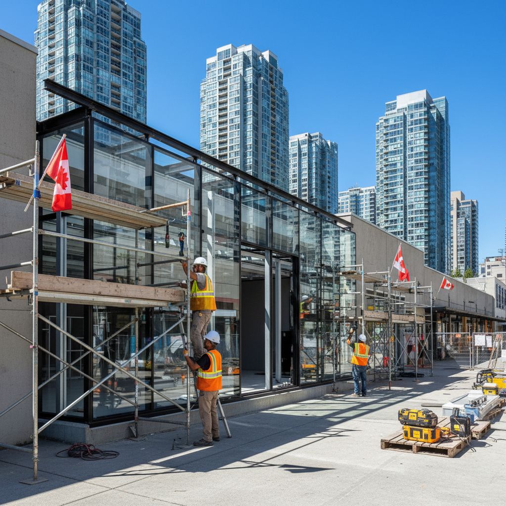 Wide-angle view of commercial renovation workers installing glass facades on a Burnaby storefront amid urban skyline.