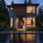 Modern Vancouver home exterior featuring integrated smart home technology at dusk, highlighting innovation and comfort.