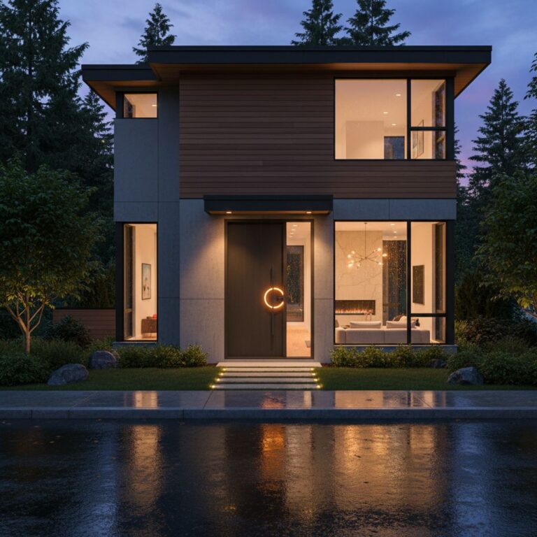 Modern Vancouver home exterior featuring integrated smart home technology at dusk, highlighting innovation and comfort.