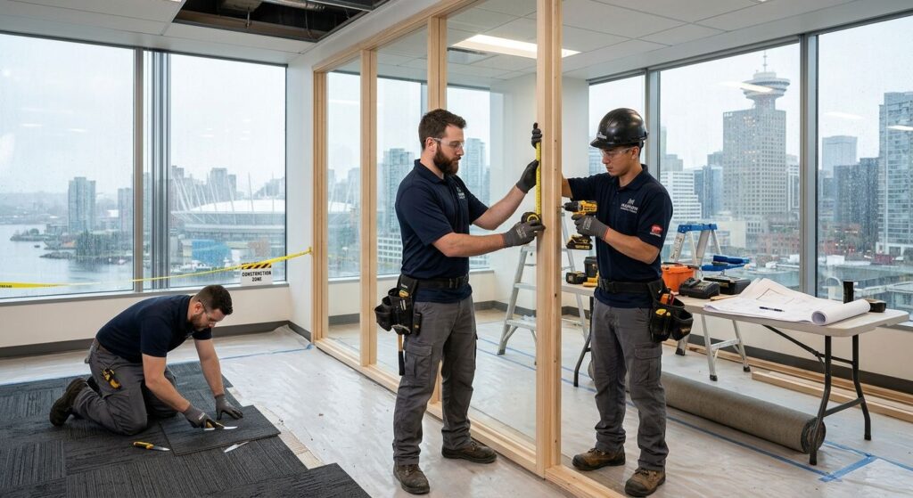Certified Markoni Renovations professionals performing tenant improvements in modern Vancouver office, installing walls, flooring, lighting with skyline view.