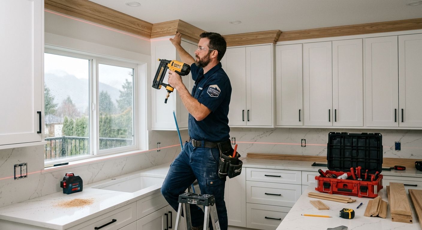 Skilled carpenter in uniform installing custom crown molding in modern Vancouver kitchen renovation with precision tools and authentic details.