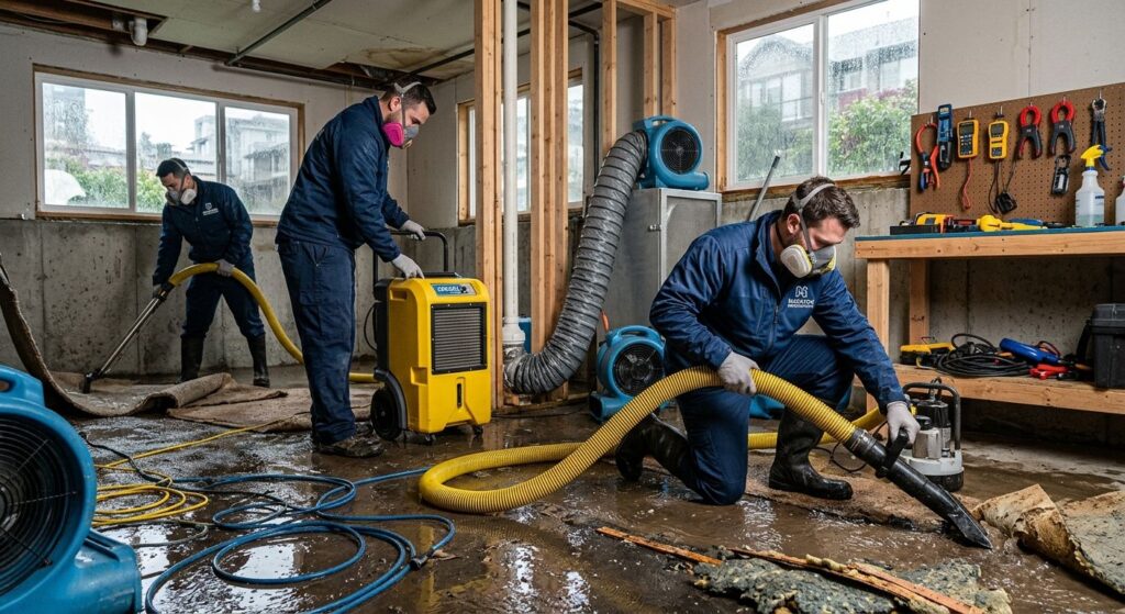 Certified Markoni Renovations technicians repairing water damage in Vancouver basement, using pumps and dehumidifiers on flooded floor