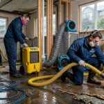 Certified Markoni Renovations technicians repairing water damage in Vancouver basement, using pumps and dehumidifiers on flooded floor