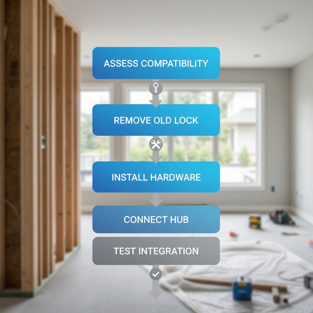 Vertical process flow diagram illustrating smart lock installation steps for home security enhancements