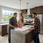 Professional renovator in uniform discussing basement suite renovation plans with smiling homeowners in bright modern Vancouver kitchen.