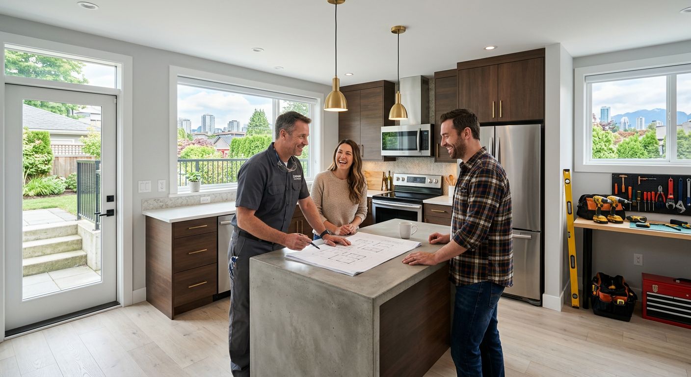 Professional renovator in uniform discussing basement suite renovation plans with smiling homeowners in bright modern Vancouver kitchen.