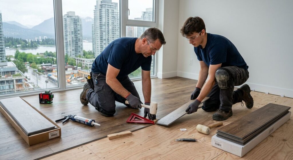 Professional team installing luxury vinyl plank flooring in Vancouver condo with tools and city skyline view