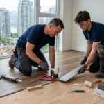 Professional team installing luxury vinyl plank flooring in Vancouver condo with tools and city skyline view