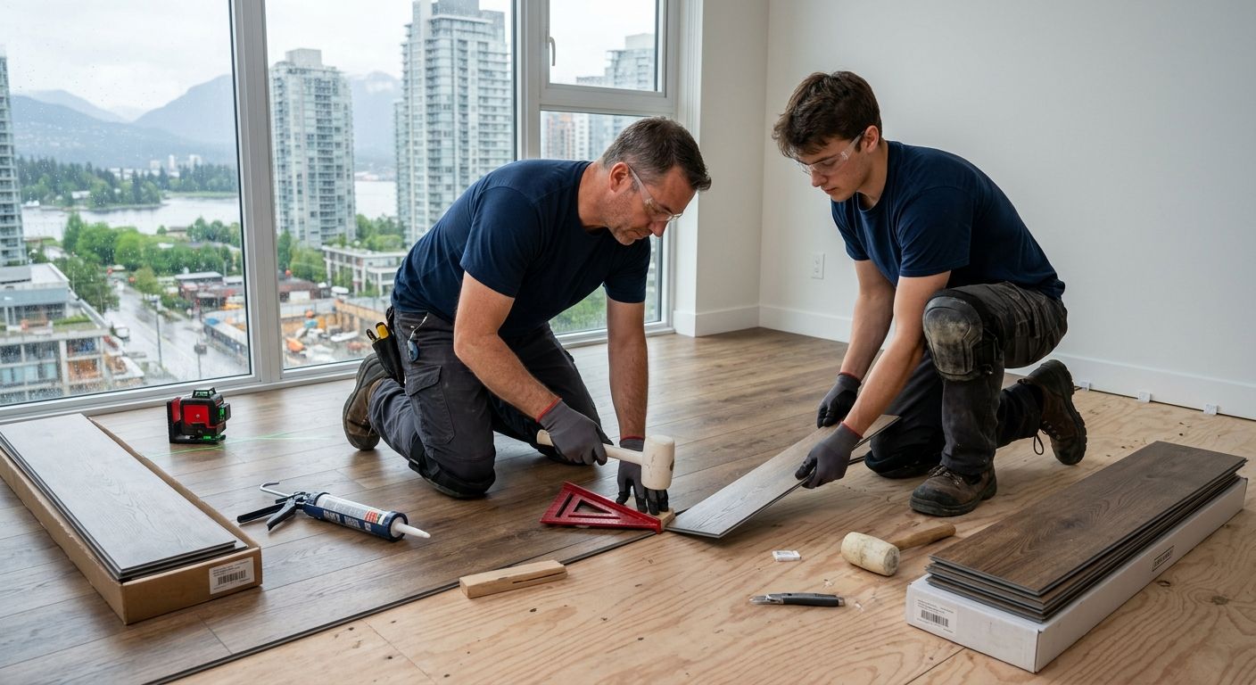 Professional team installing luxury vinyl plank flooring in Vancouver condo with tools and city skyline view