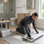 Certified technician in uniform installing porcelain tiles in modern Vancouver bathroom remodel, tools and fixtures nearby, natural daylight, organized workspace.