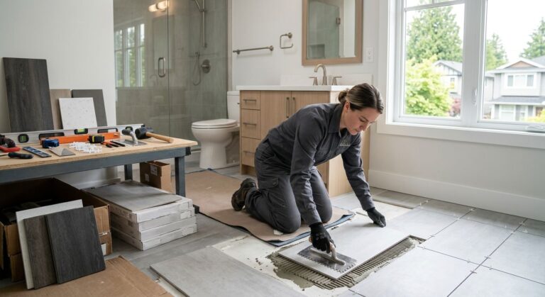 Certified technician in uniform installing porcelain tiles in modern Vancouver bathroom remodel, tools and fixtures nearby, natural daylight, organized workspace.