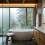 Luxurious spa-like bathroom in Vancouver home with soaker tub, rainfall shower, marble vanities, ferns, and rainforest view through frosted window.