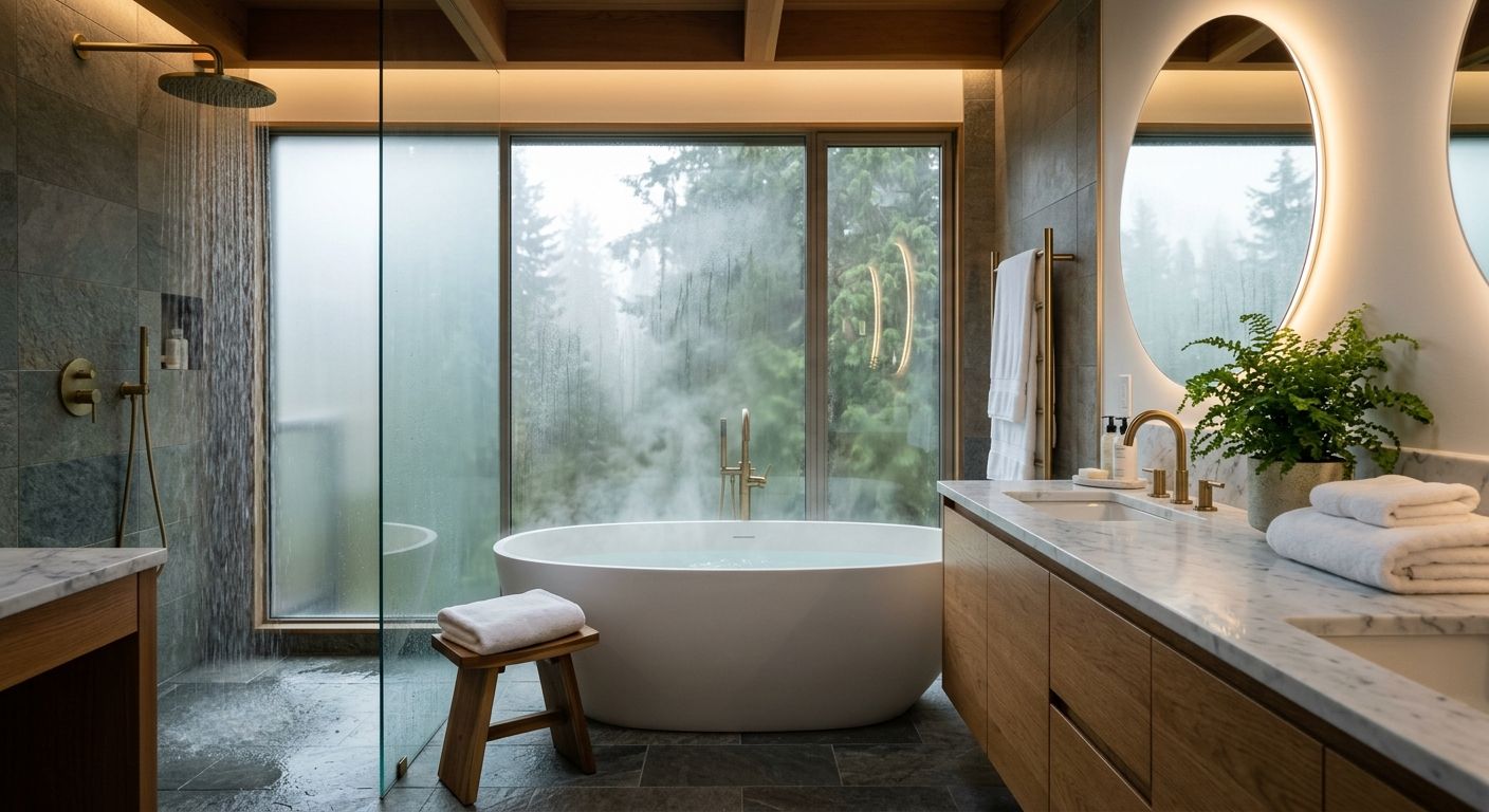 Luxurious spa-like bathroom in Vancouver home with soaker tub, rainfall shower, marble vanities, ferns, and rainforest view through frosted window.